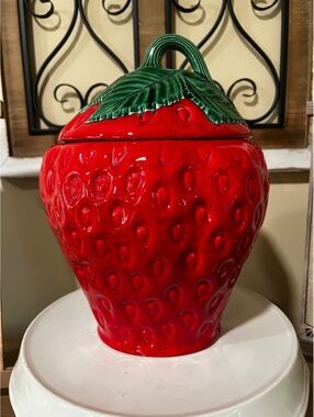 Vintage Strawberry Ceramic Cookie Jar with Stem Lid 11” tall
